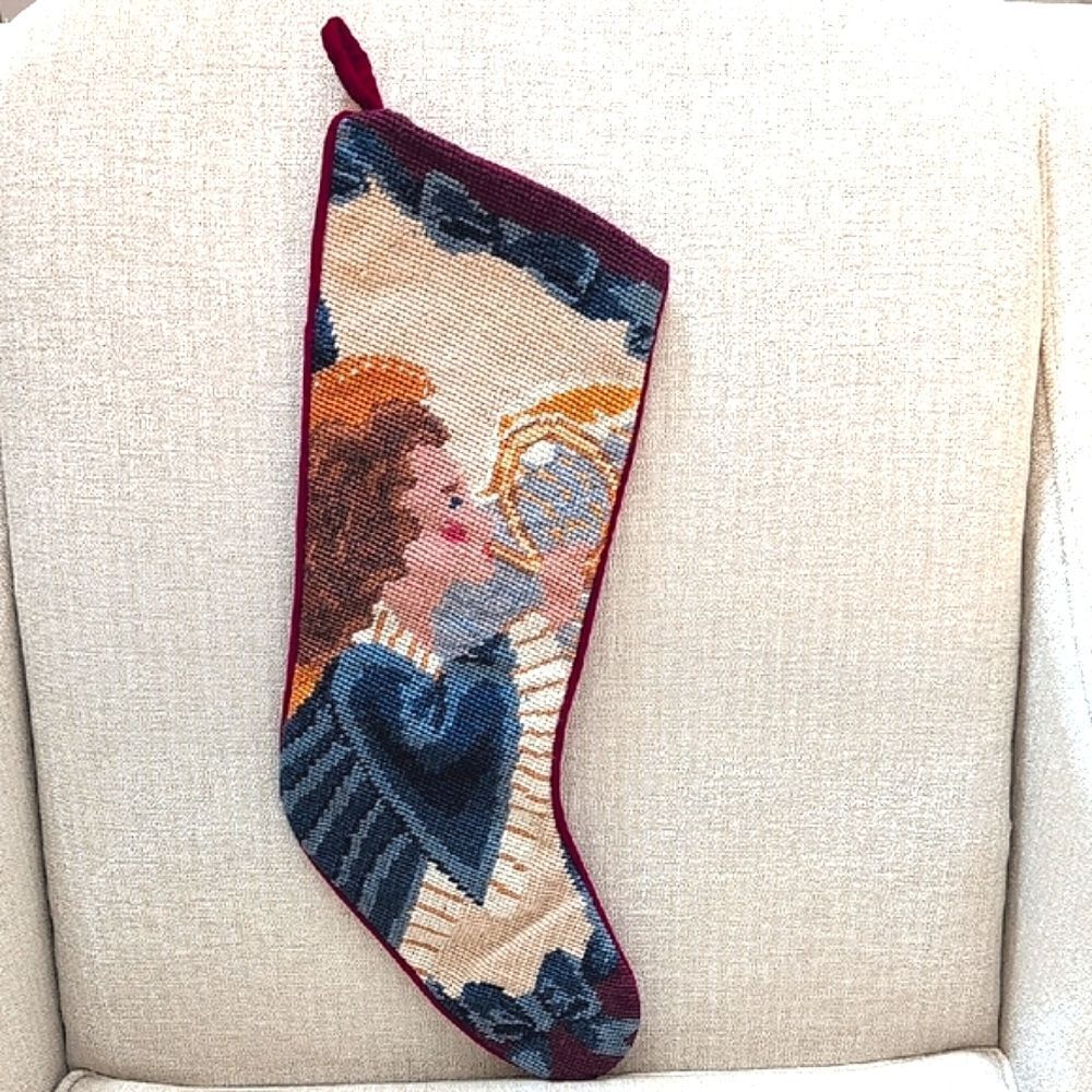 Handmade Wool Needlepoint Angel Christmas Stocking Cotton Velvet Backing Vintage
